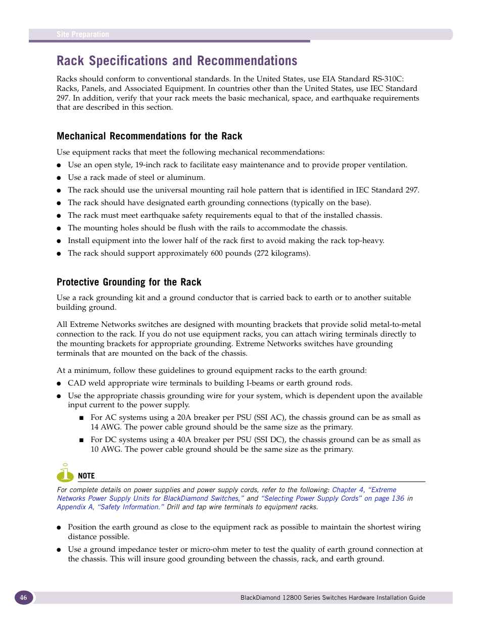 Rack specifications and recommendations, Mechanical recommendations for the rack, Protective grounding for the rack | Extreme Networks BlackDiamond 12804 User Manual | Page 46 / 160