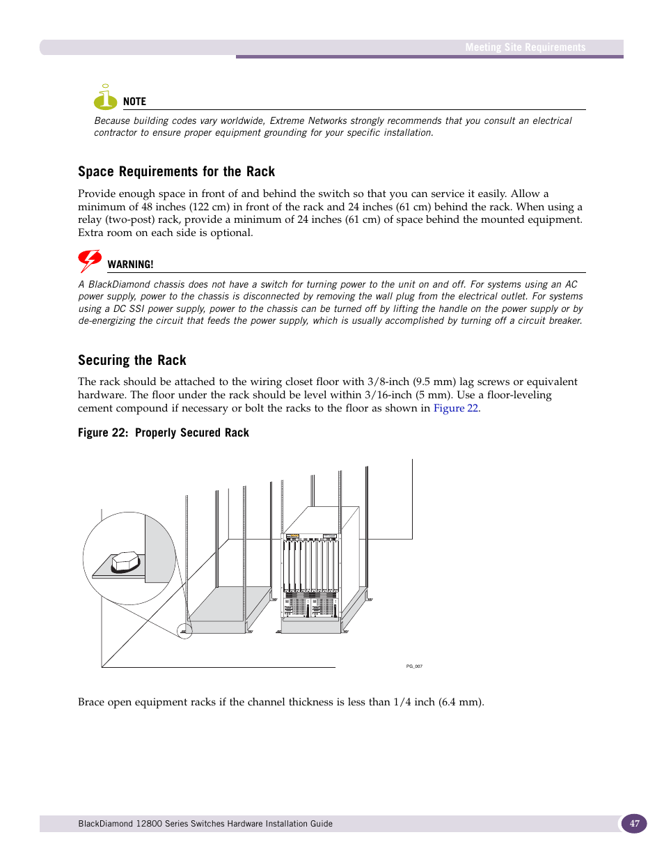 Space requirements for the rack, Securing the rack, Space requirements for the rack securing the rack | Extreme Networks BlackDiamond 12804 User Manual | Page 47 / 160