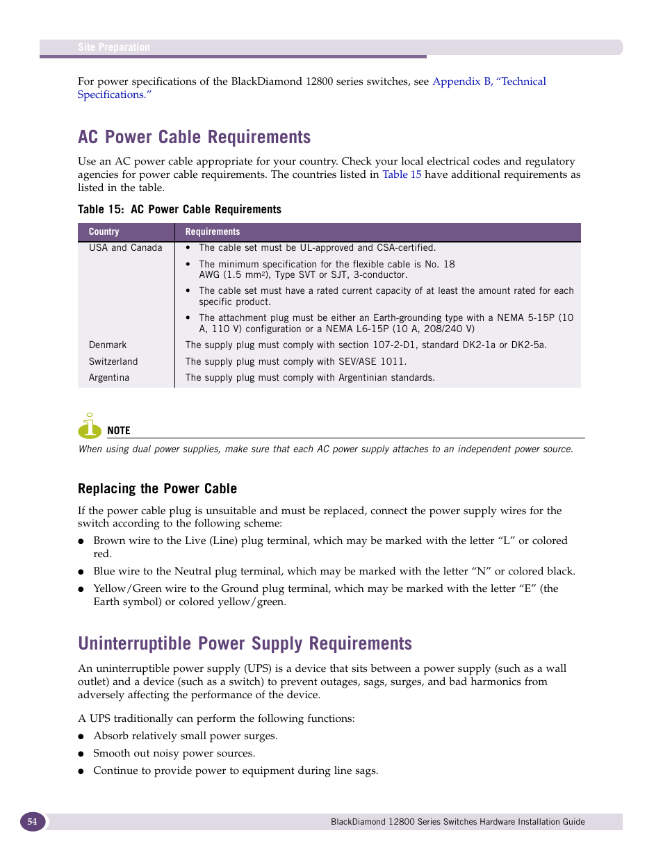 Ac power cable requirements, Replacing the power cable, Uninterruptible power supply requirements | Extreme Networks BlackDiamond 12804 User Manual | Page 54 / 160