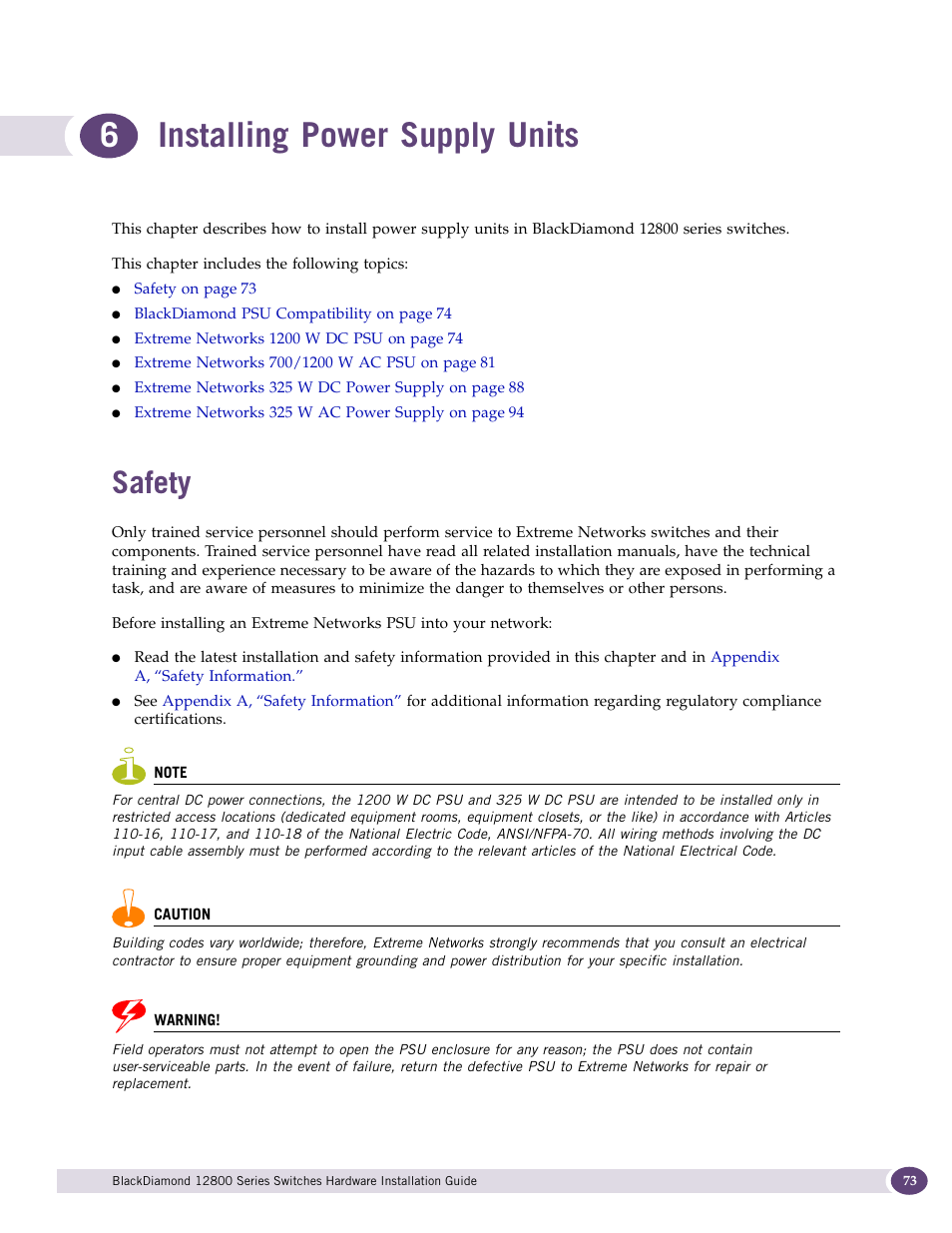 Installing power supply units, Safety, Chapter 6: installing power supply units | 6installing power supply units | Extreme Networks BlackDiamond 12804 User Manual | Page 73 / 160