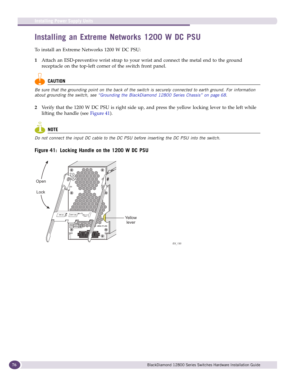 Installing an extreme networks 1200 w dc psu | Extreme Networks BlackDiamond 12804 User Manual | Page 76 / 160