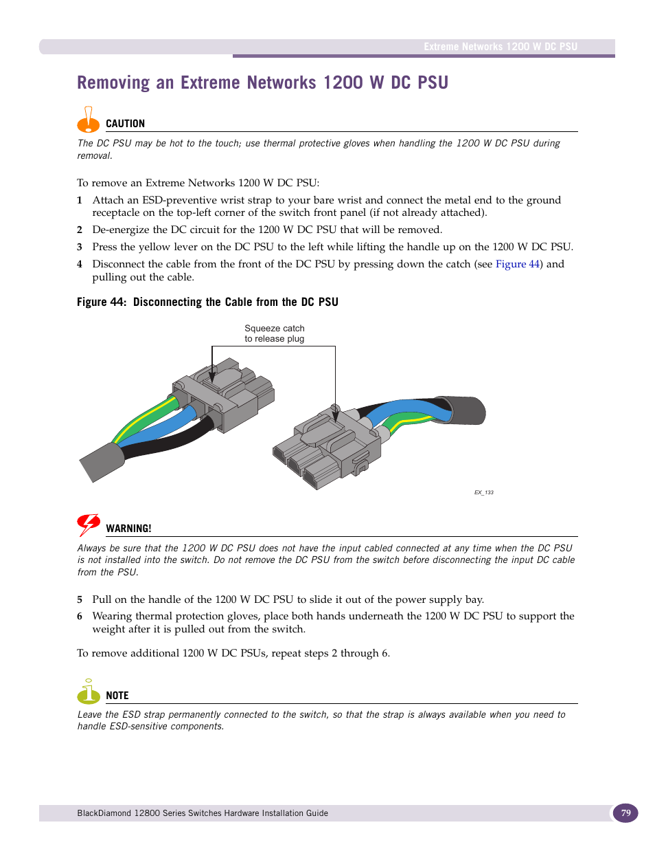 Removing an extreme networks 1200 w dc psu | Extreme Networks BlackDiamond 12804 User Manual | Page 79 / 160