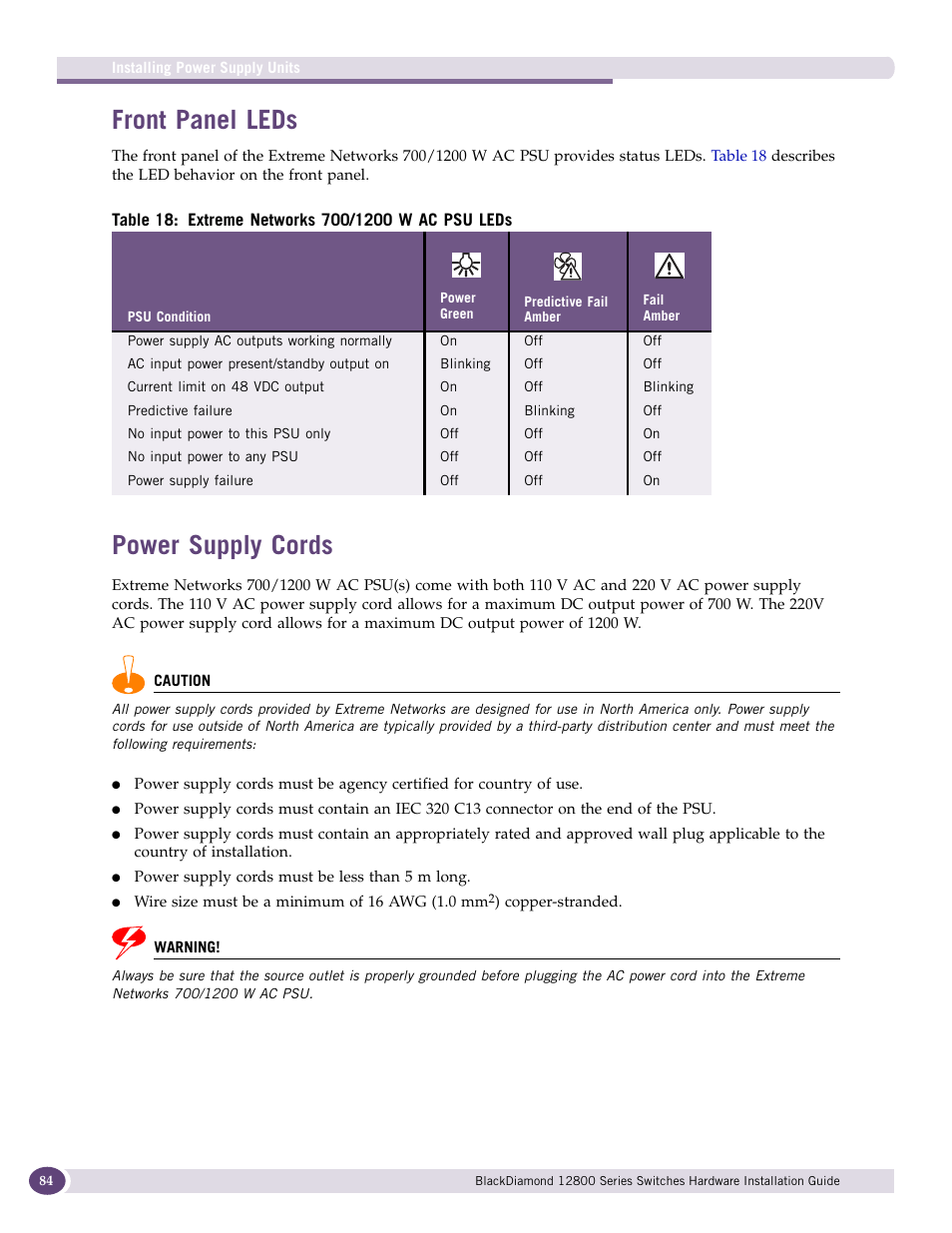 Front panel leds, Power supply cords, Front panel leds power supply cords | Extreme Networks BlackDiamond 12804 User Manual | Page 84 / 160