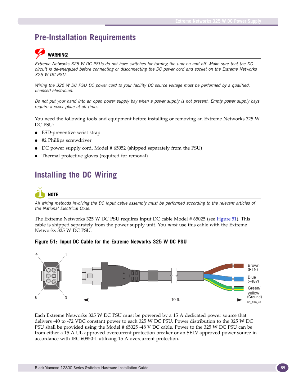 Pre-installation requirements, Installing the dc wiring | Extreme Networks BlackDiamond 12804 User Manual | Page 89 / 160