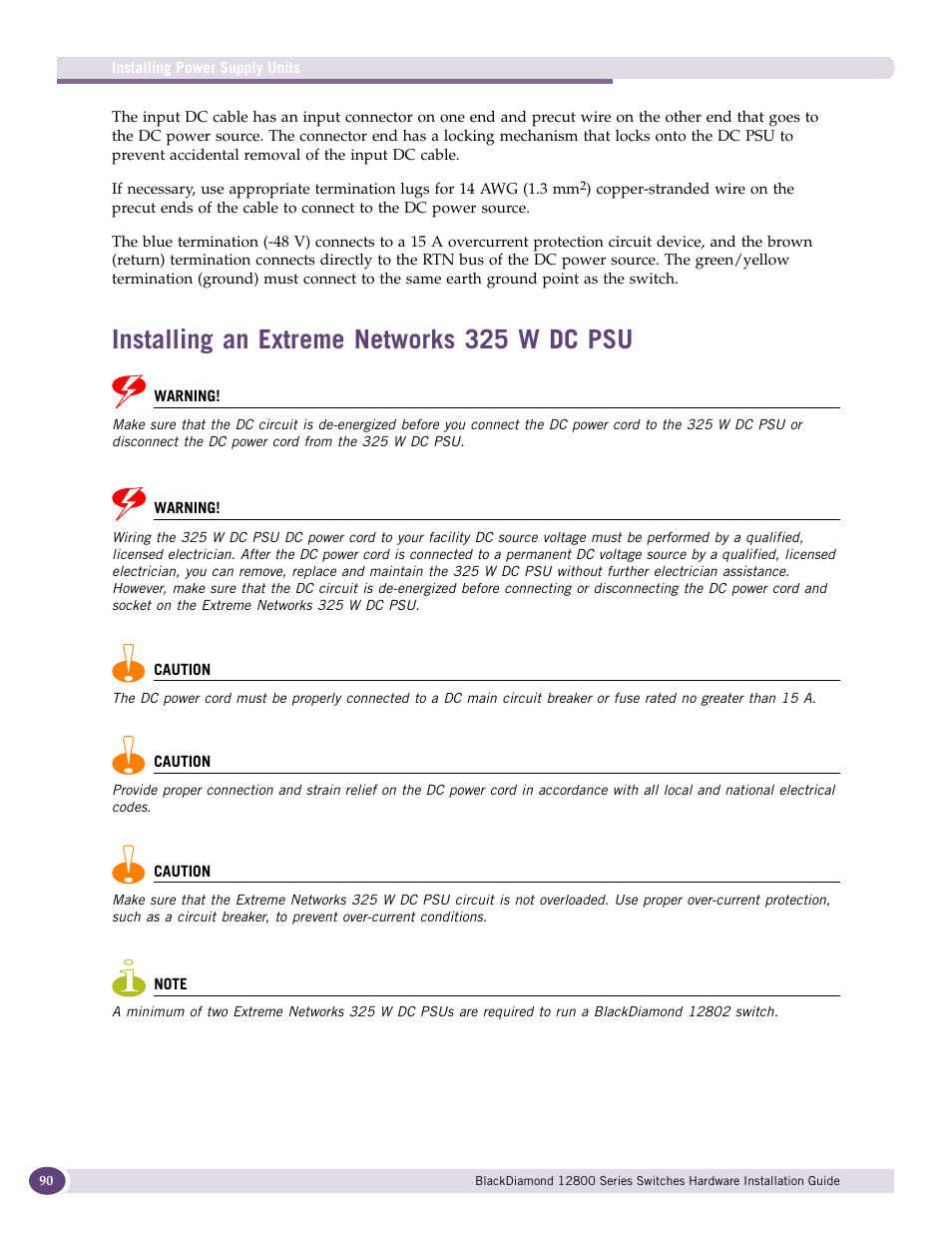 Installing an extreme networks 325 w dc psu | Extreme Networks BlackDiamond 12804 User Manual | Page 90 / 160