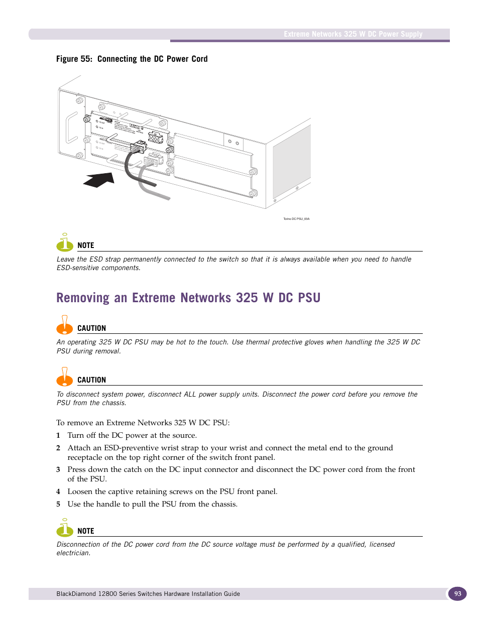 Removing an extreme networks 325 w dc psu, Figure 55 | Extreme Networks BlackDiamond 12804 User Manual | Page 93 / 160