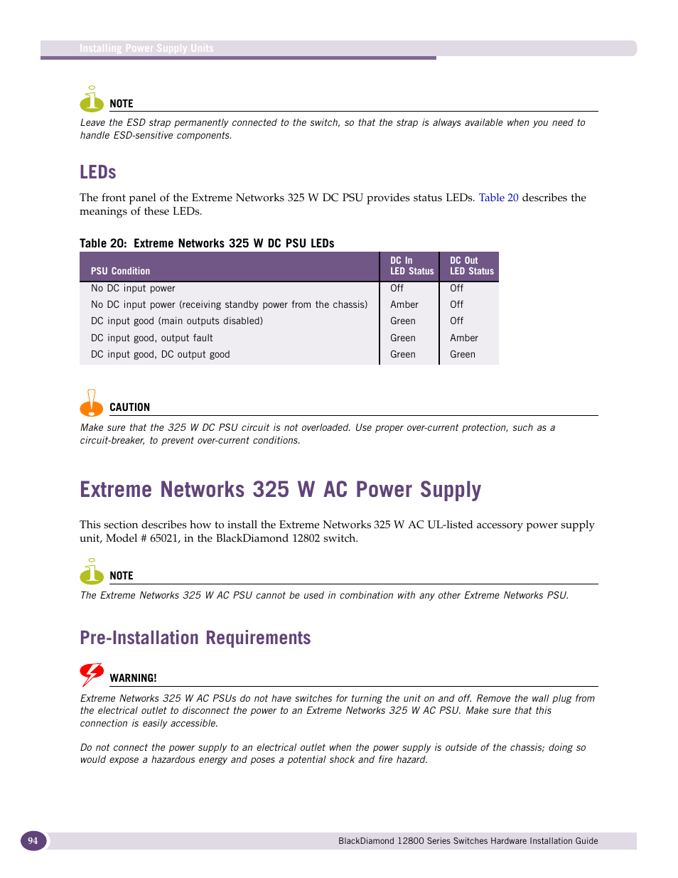 Leds, Extreme networks 325 w ac power supply, Pre-installation requirements | Extreme Networks BlackDiamond 12804 User Manual | Page 94 / 160