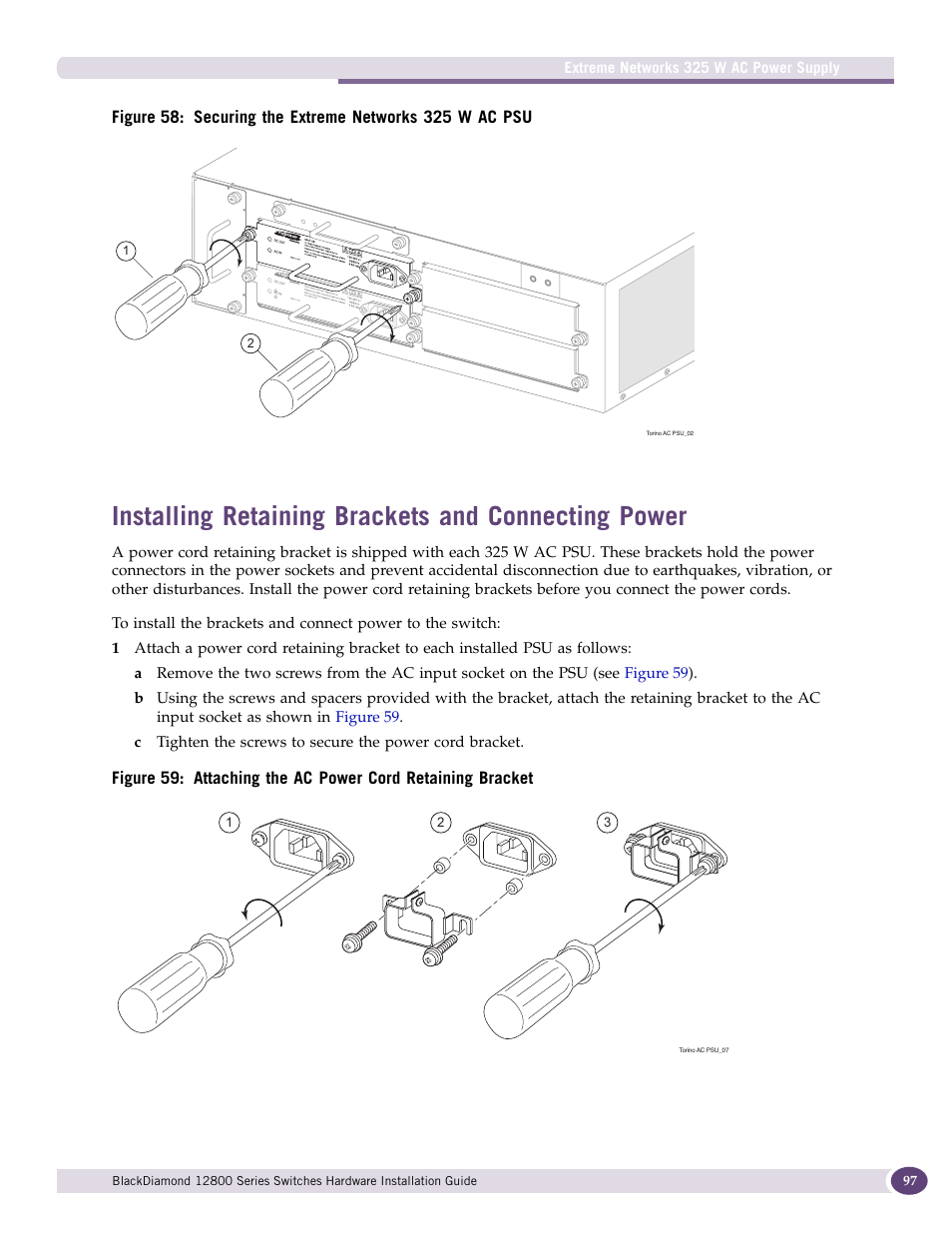 Installing retaining brackets and connecting power | Extreme Networks BlackDiamond 12804 User Manual | Page 97 / 160