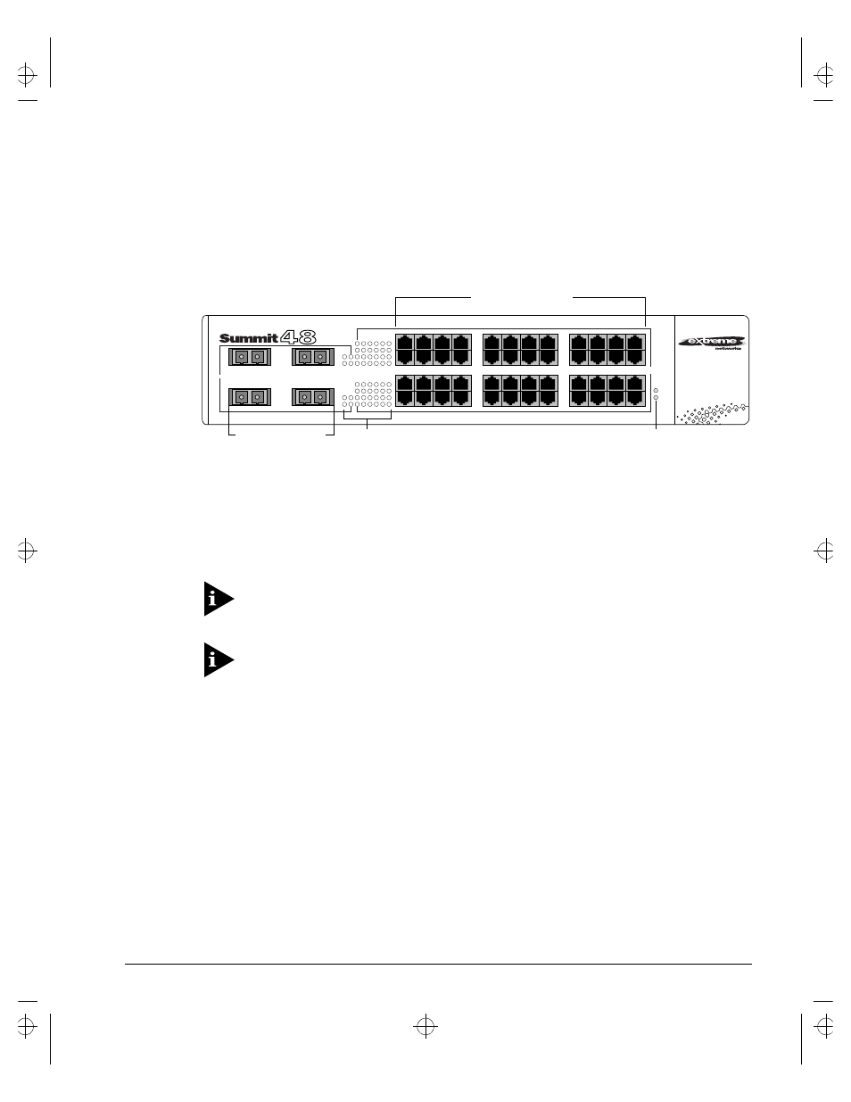 Summit48 front view, Ummit, Ront | Port status leds unit status leds, 48 f | Extreme Networks Summit1 User Manual | Page 35 / 227