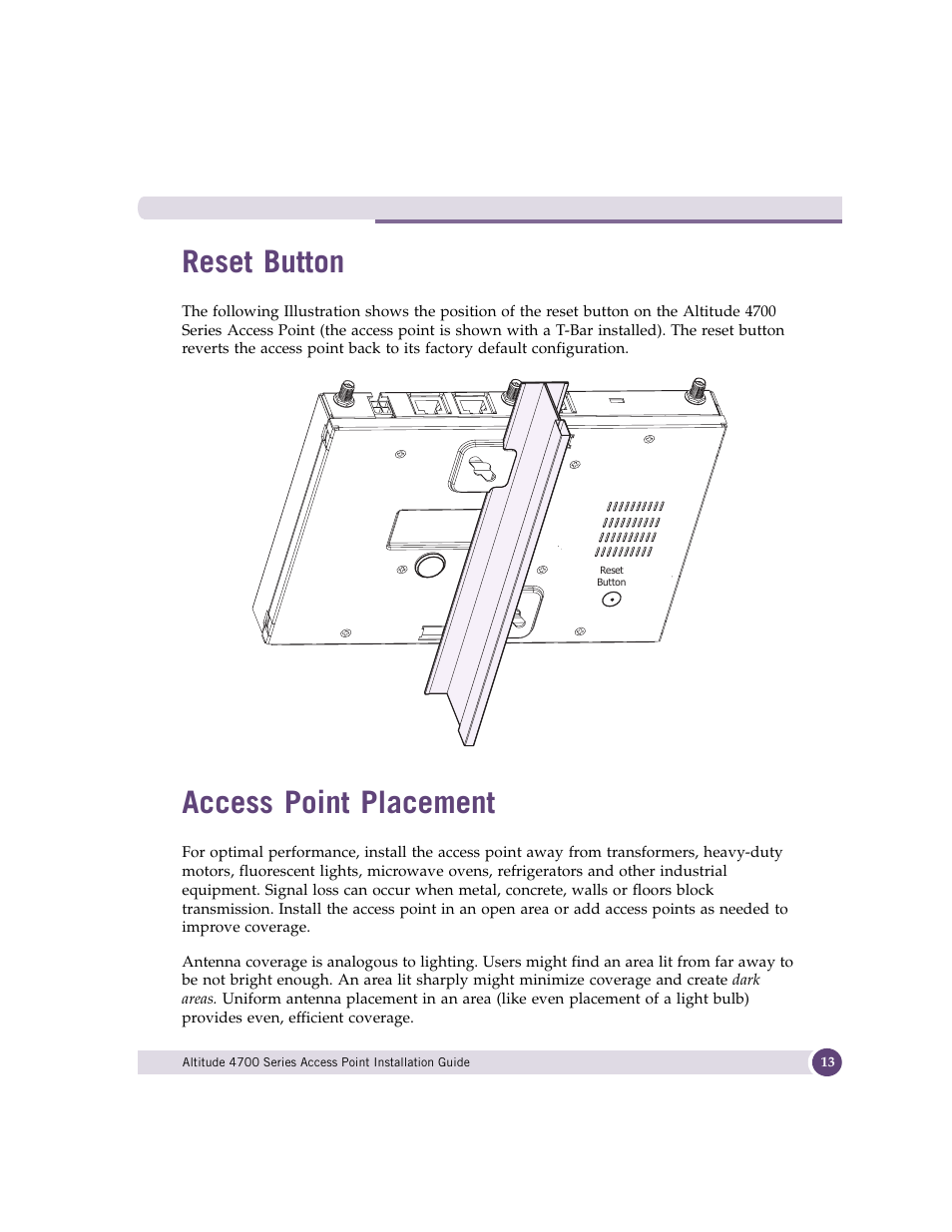 Reset button, Access point placement, Reset button access point placement | Extreme Networks ALTITUDE 4700 User Manual | Page 13 / 68
