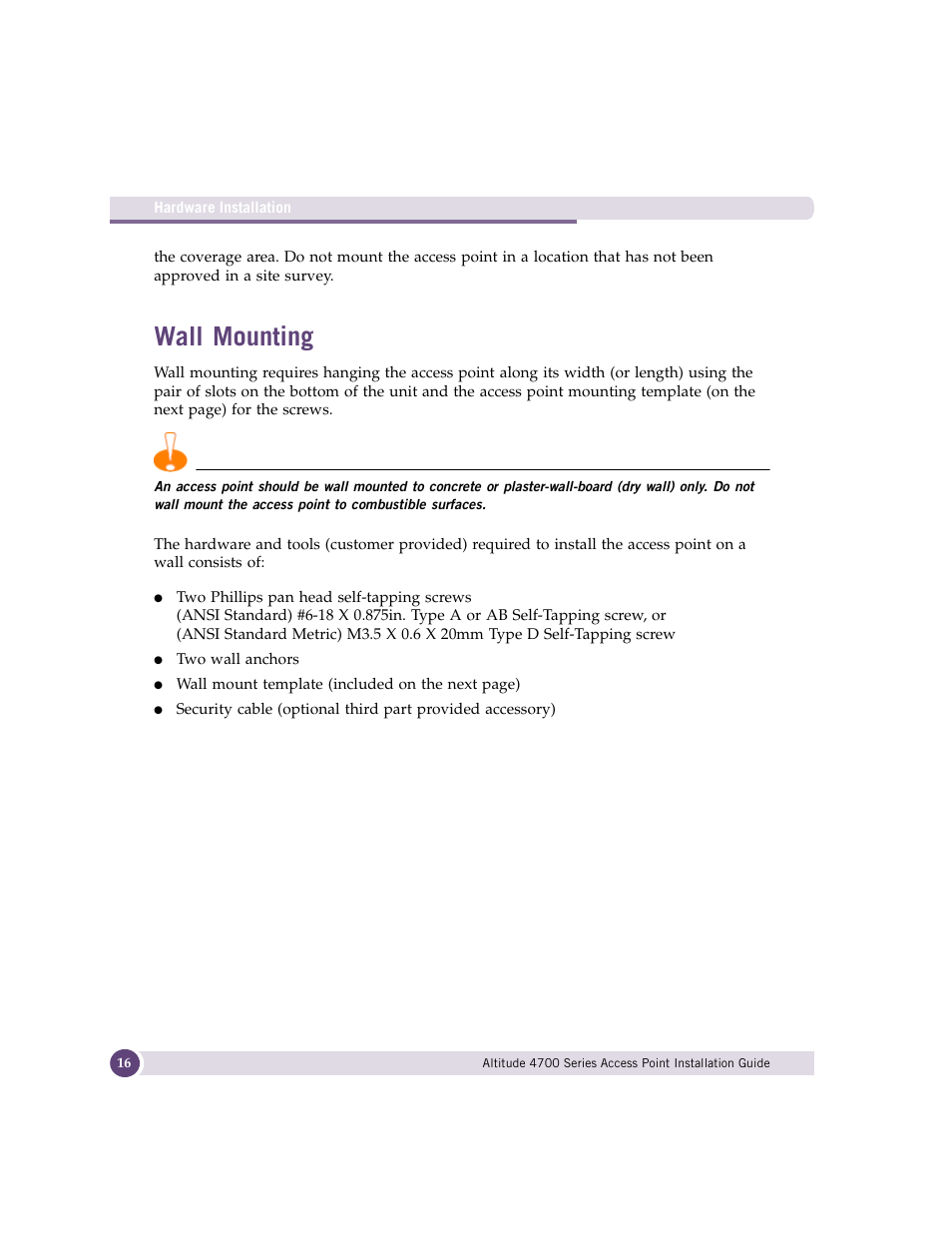 Wall mounting | Extreme Networks ALTITUDE 4700 User Manual | Page 16 / 68