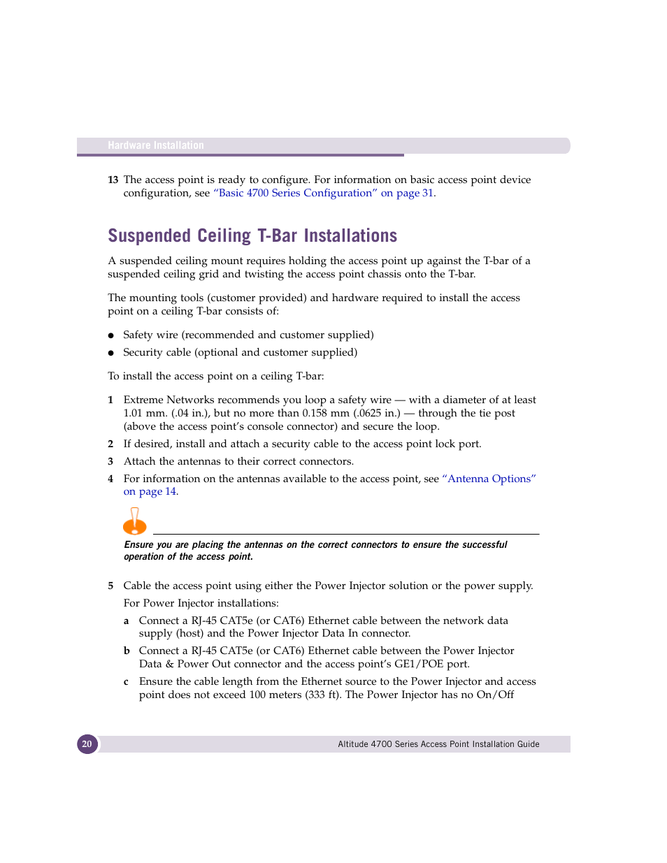 Suspended ceiling t-bar installations | Extreme Networks ALTITUDE 4700 User Manual | Page 20 / 68