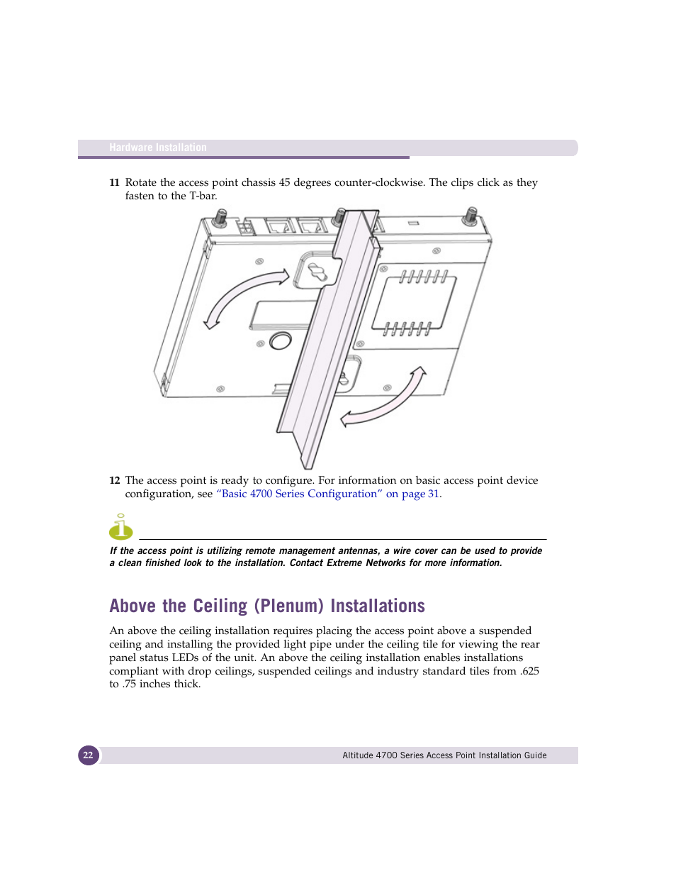Above the ceiling (plenum) installations | Extreme Networks ALTITUDE 4700 User Manual | Page 22 / 68
