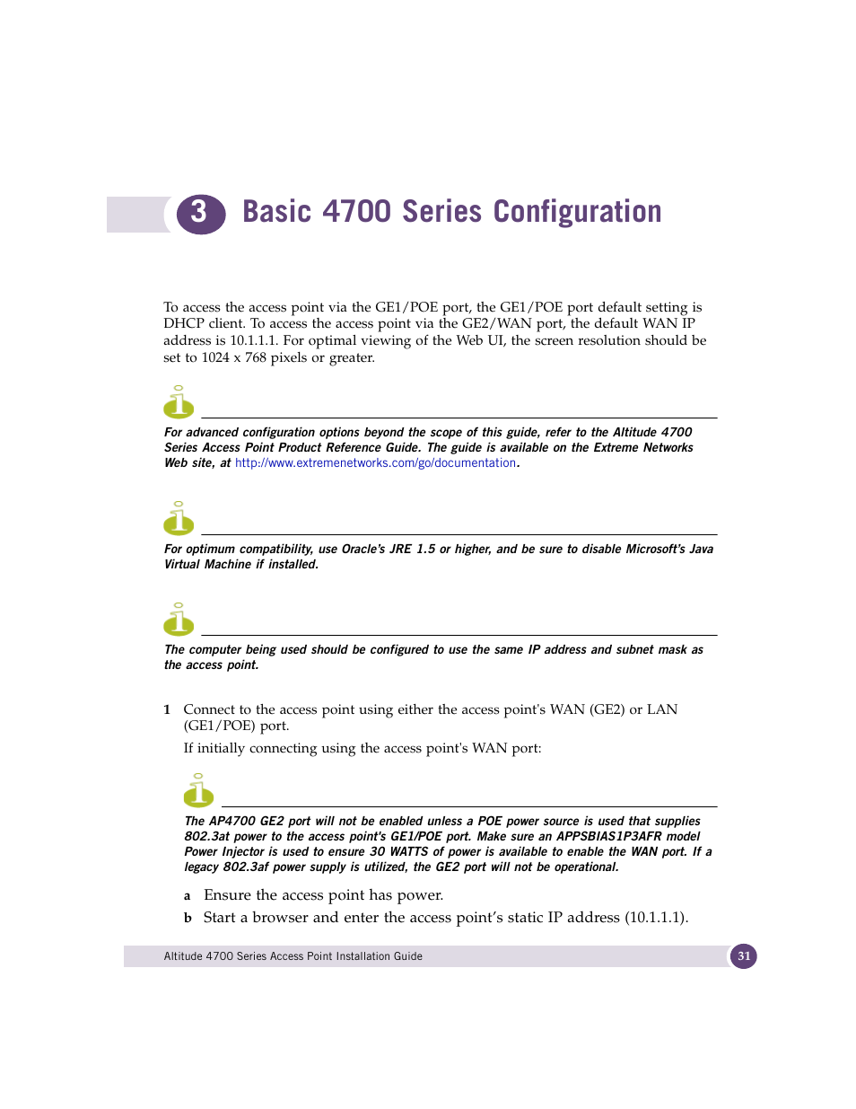 Basic 4700 series configuration, Chapter 3: basic 4700 series configuration | Extreme Networks ALTITUDE 4700 User Manual | Page 31 / 68