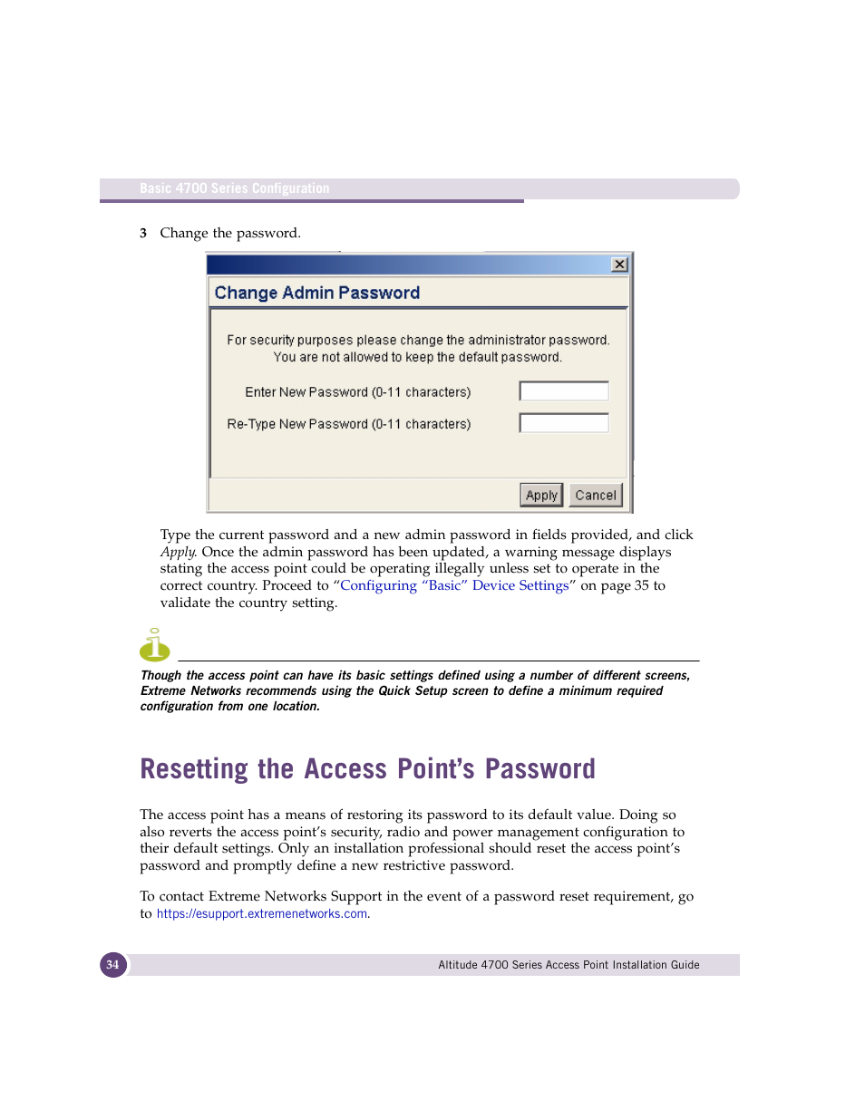 Resetting the access point’s password | Extreme Networks ALTITUDE 4700 User Manual | Page 34 / 68