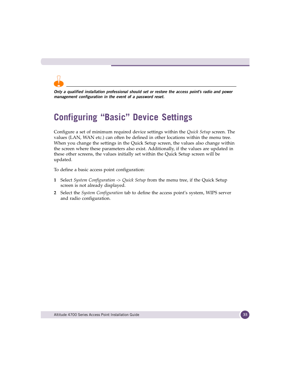 Configuring “basic” device settings | Extreme Networks ALTITUDE 4700 User Manual | Page 35 / 68