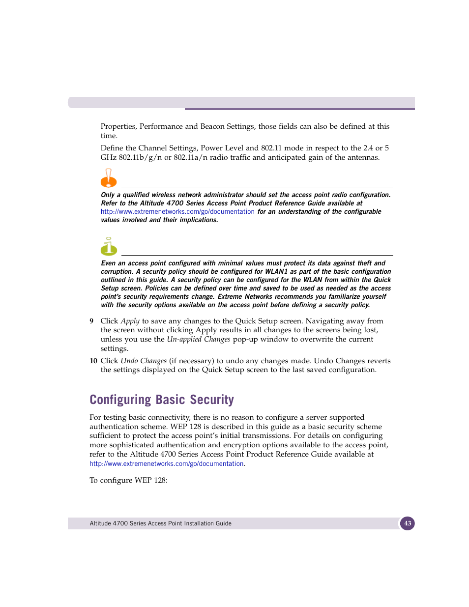 Configuring basic security | Extreme Networks ALTITUDE 4700 User Manual | Page 43 / 68