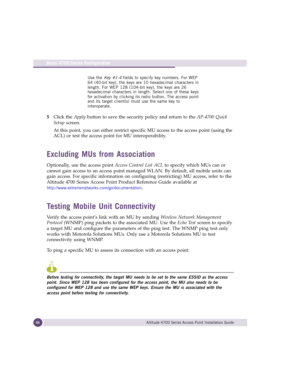 Excluding mus from association, Testing mobile unit connectivity | Extreme Networks ALTITUDE 4700 User Manual | Page 46 / 68