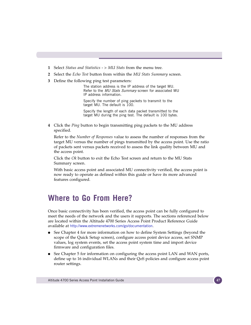 Where to go from here | Extreme Networks ALTITUDE 4700 User Manual | Page 47 / 68