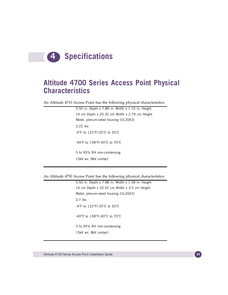 Specifications, Chapter 4: specifications, 4specifications | Extreme Networks ALTITUDE 4700 User Manual | Page 49 / 68