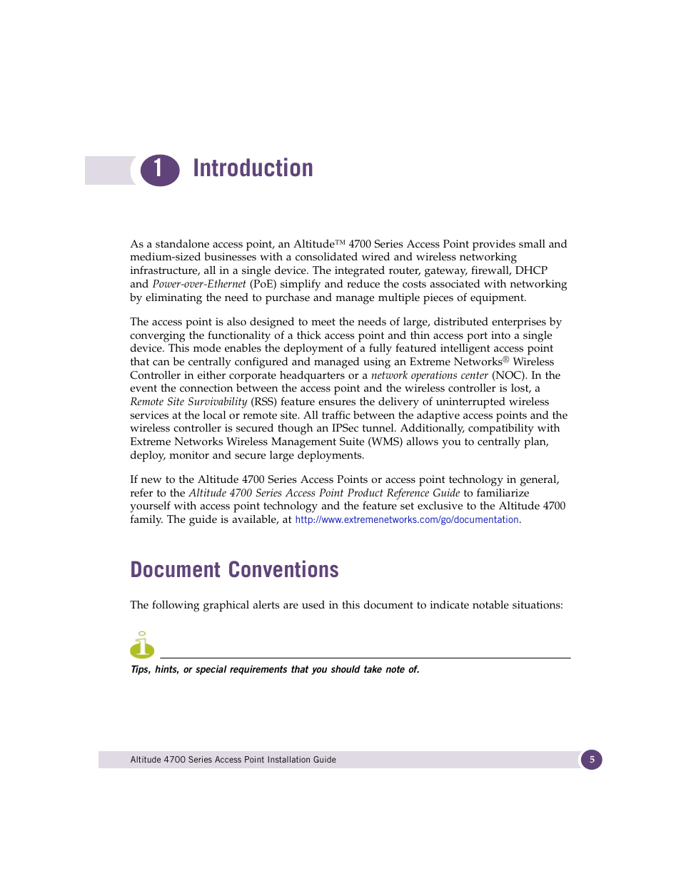 Introduction, Document conventions, Chapter 1: introduction | 1introduction | Extreme Networks ALTITUDE 4700 User Manual | Page 5 / 68
