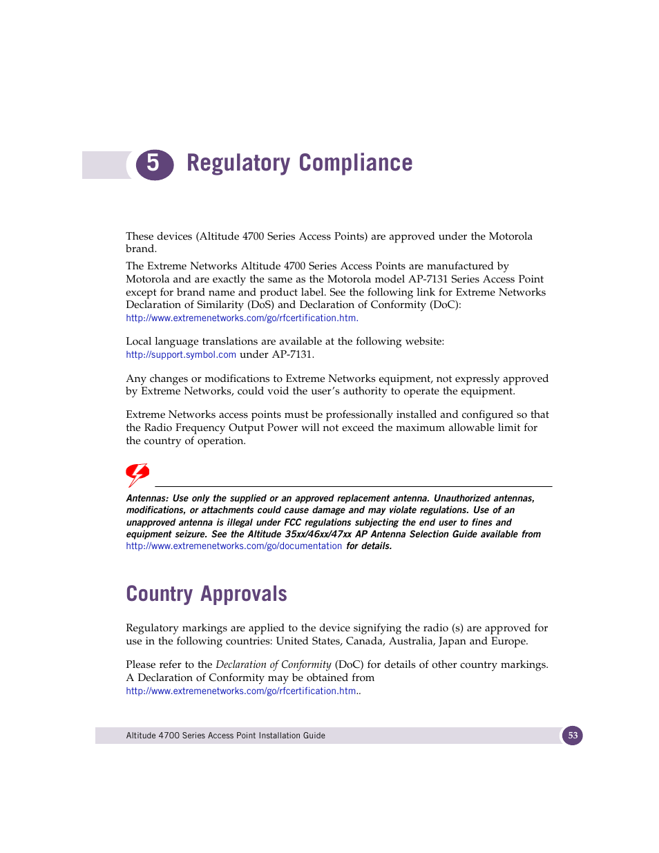 Regulatory compliance, Country approvals, Chapter 5: regulatory compliance | 5regulatory compliance | Extreme Networks ALTITUDE 4700 User Manual | Page 53 / 68