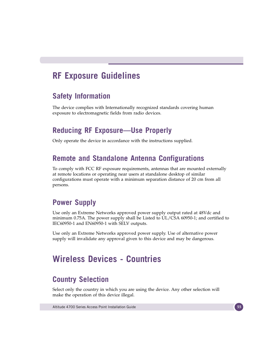 Rf exposure guidelines, Safety information, Reducing rf exposure-use properly | Remote and standalone antenna configurations, Power supply, Wireless devices - countries, Country selection, Reducing rf exposure—use properly | Extreme Networks ALTITUDE 4700 User Manual | Page 55 / 68