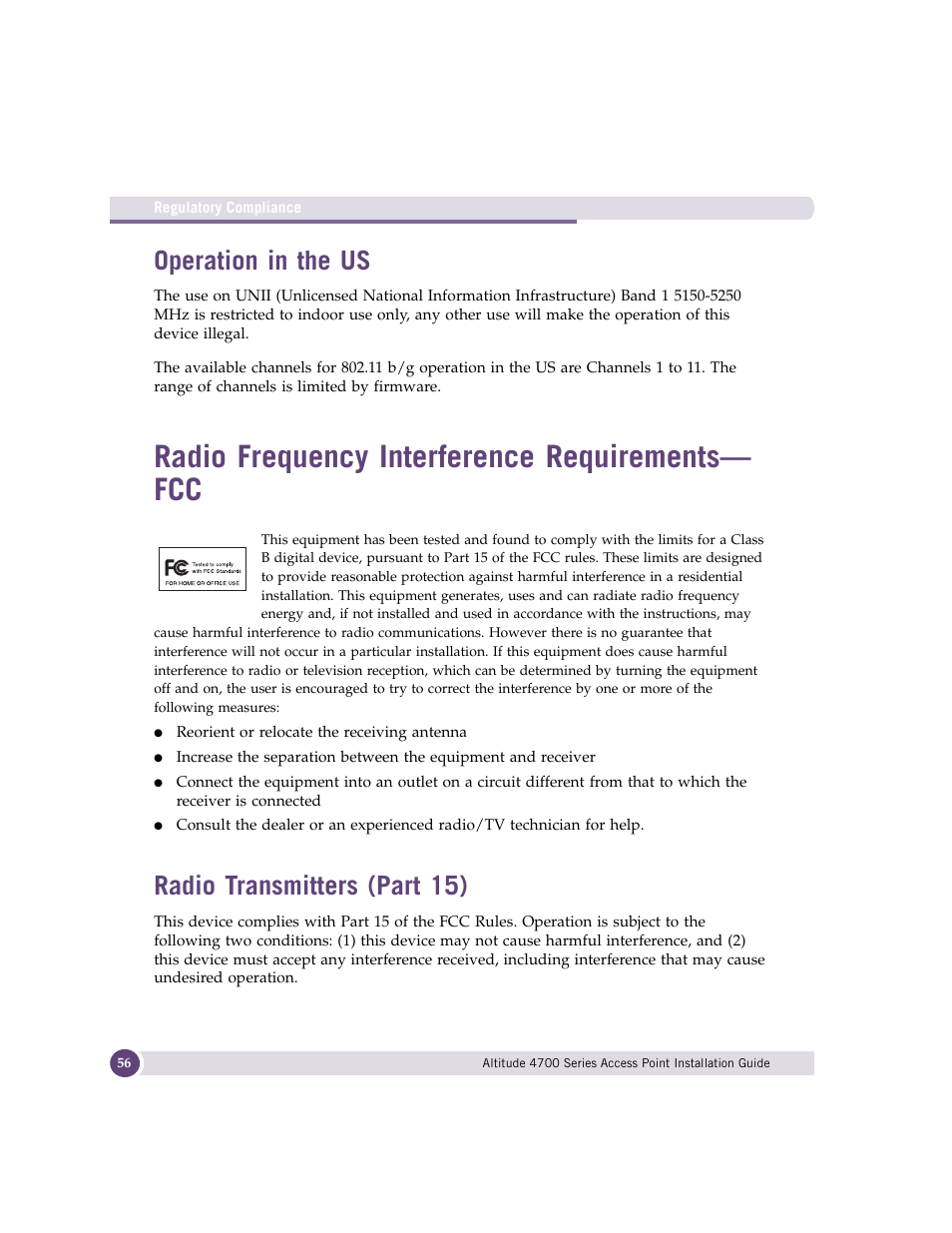 Operation in the us, Radio frequency interference requirements- fcc, Radio transmitters (part 15) | Radio frequency interference requirements—fcc, Radio frequency interference requirements— fcc | Extreme Networks ALTITUDE 4700 User Manual | Page 56 / 68