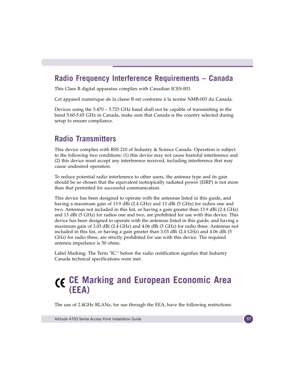 Radio frequency interference requirements - canada, Radio transmitters, Ce marking and european economic area (eea) | Radio frequency interference requirements – canada | Extreme Networks ALTITUDE 4700 User Manual | Page 57 / 68
