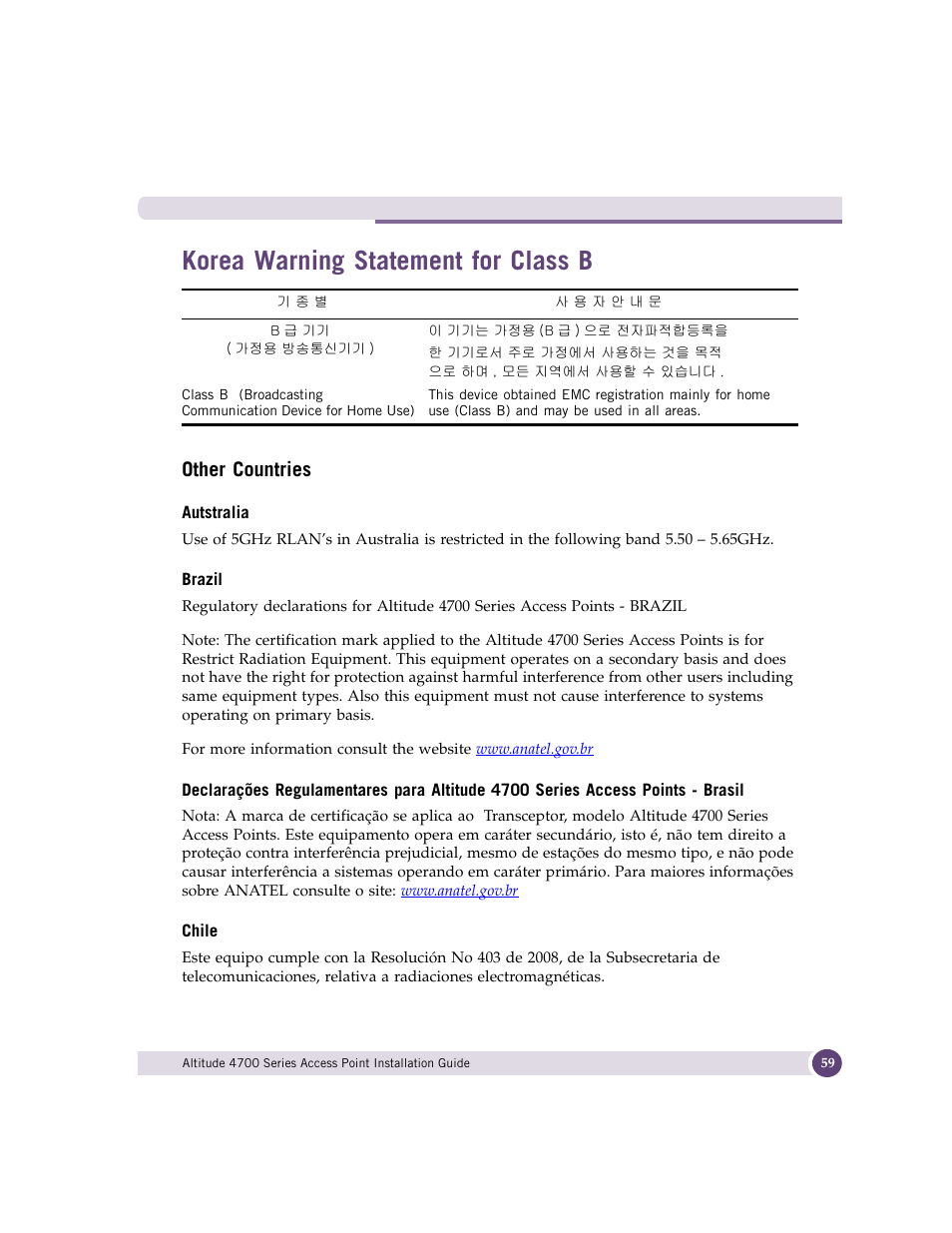 Korea warning statement for class b, Other countries, Autstralia | Brazil, Chile | Extreme Networks ALTITUDE 4700 User Manual | Page 59 / 68