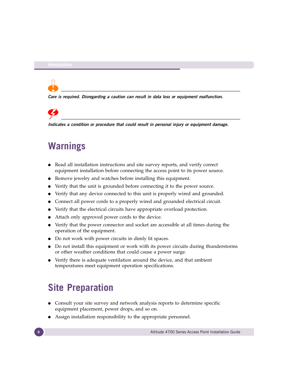 Warnings, Site preparation, Warnings site preparation | Extreme Networks ALTITUDE 4700 User Manual | Page 6 / 68