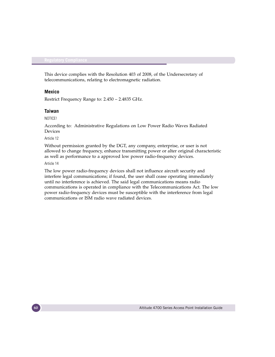 Mexico, Taiwan | Extreme Networks ALTITUDE 4700 User Manual | Page 60 / 68