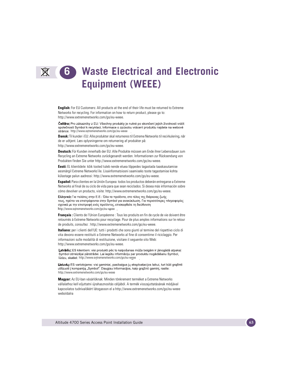 Waste electrical and electronic equipment (weee), 6waste electrical and electronic equipment (weee) | Extreme Networks ALTITUDE 4700 User Manual | Page 63 / 68
