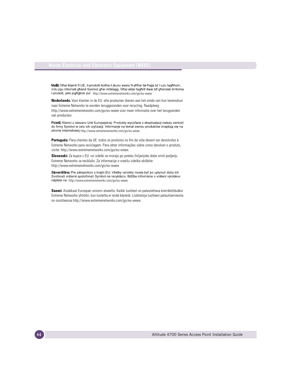 Extreme Networks ALTITUDE 4700 User Manual | Page 64 / 68