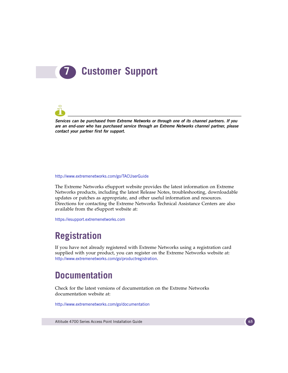 Customer support, Registration, Documentation | Chapter 7: customer support, Registration documentation, 7customer support | Extreme Networks ALTITUDE 4700 User Manual | Page 65 / 68