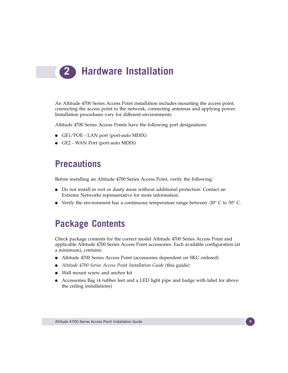 Hardware installation, Precautions, Package contents | Chapter 2: hardware installation, Precautions package contents, 2hardware installation | Extreme Networks ALTITUDE 4700 User Manual | Page 9 / 68