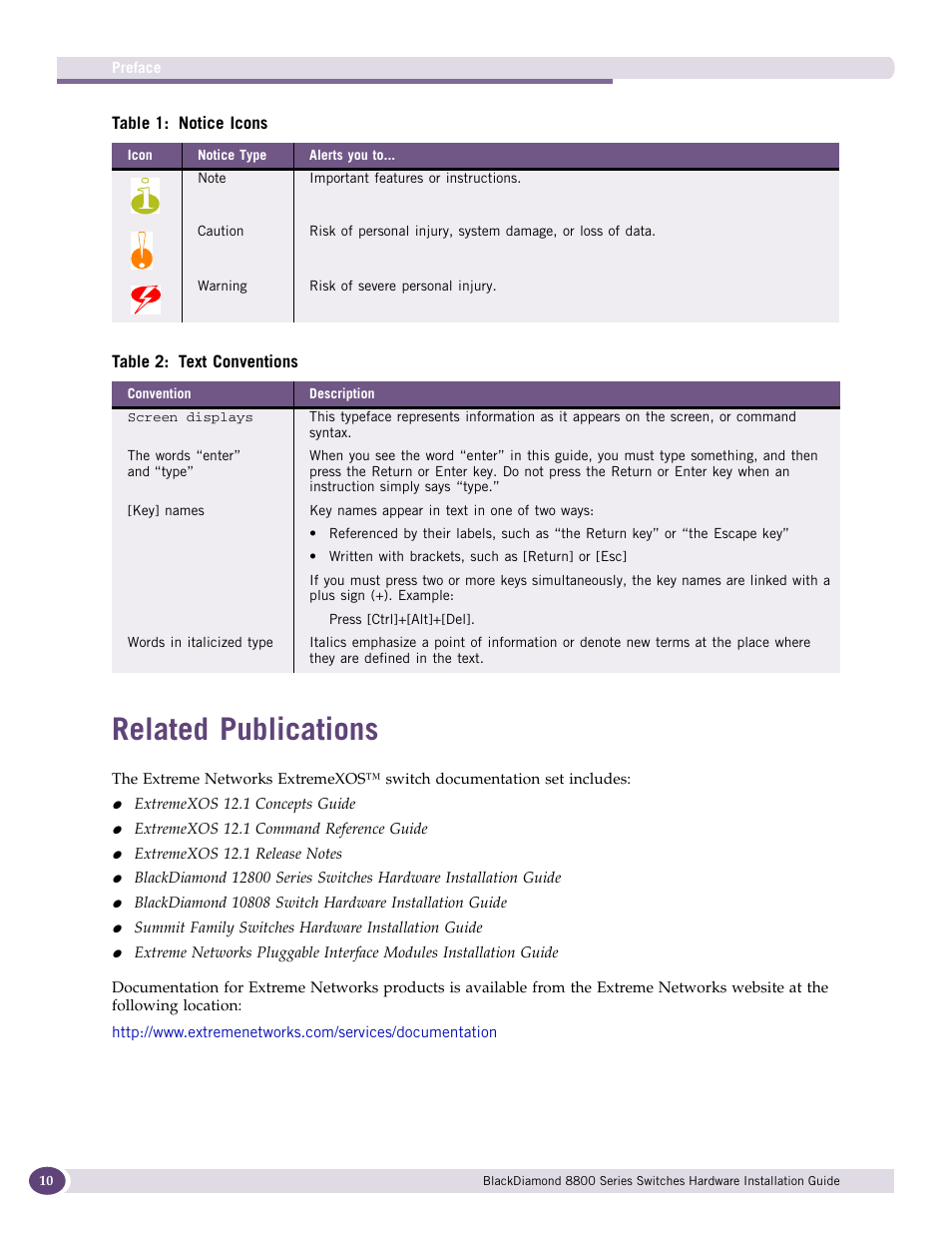 Related publications, Table 1, Table 2 | Extreme Networks BlackDiamond 8800 Series User Manual | Page 10 / 180