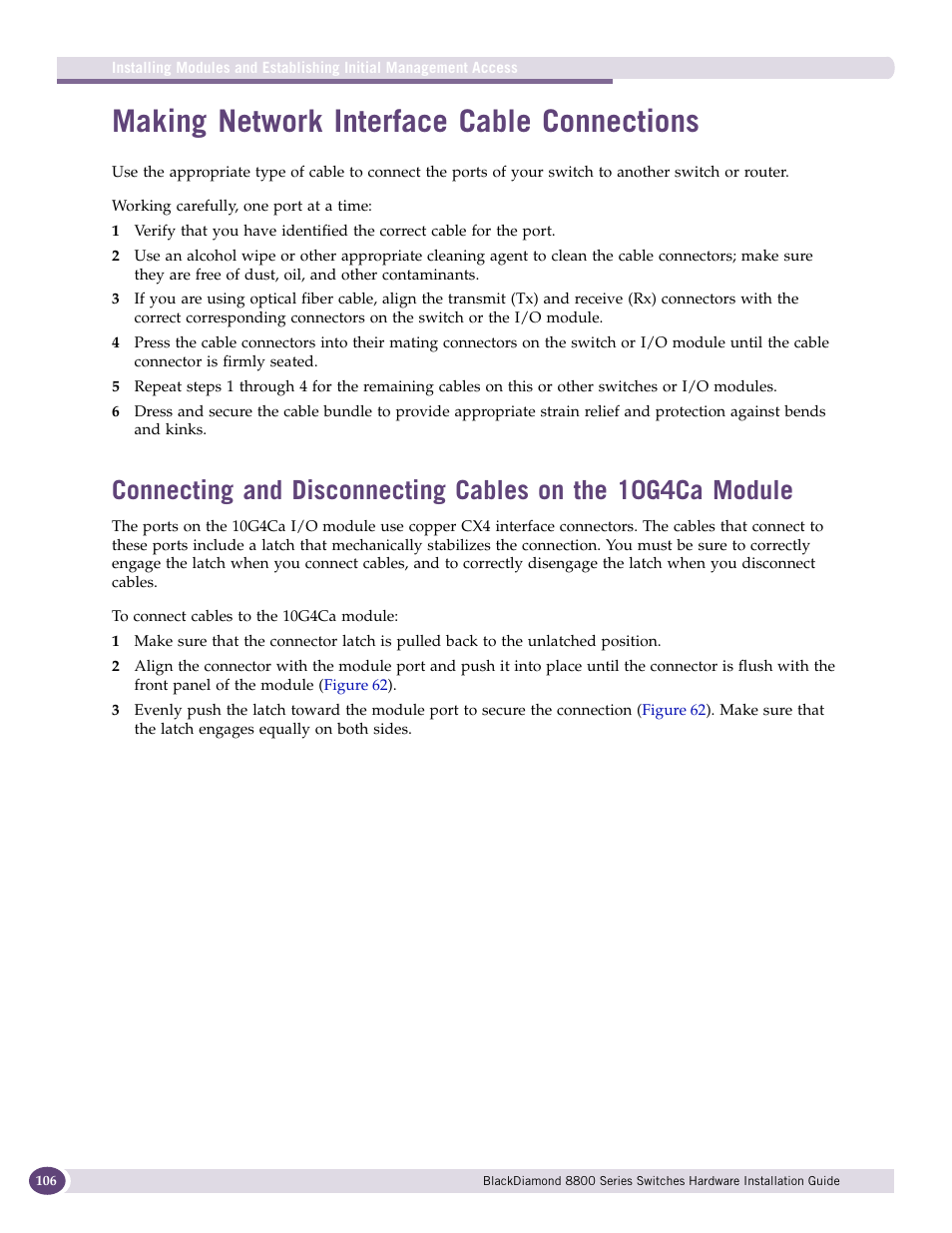 Making network interface cable connections | Extreme Networks BlackDiamond 8800 Series User Manual | Page 106 / 180