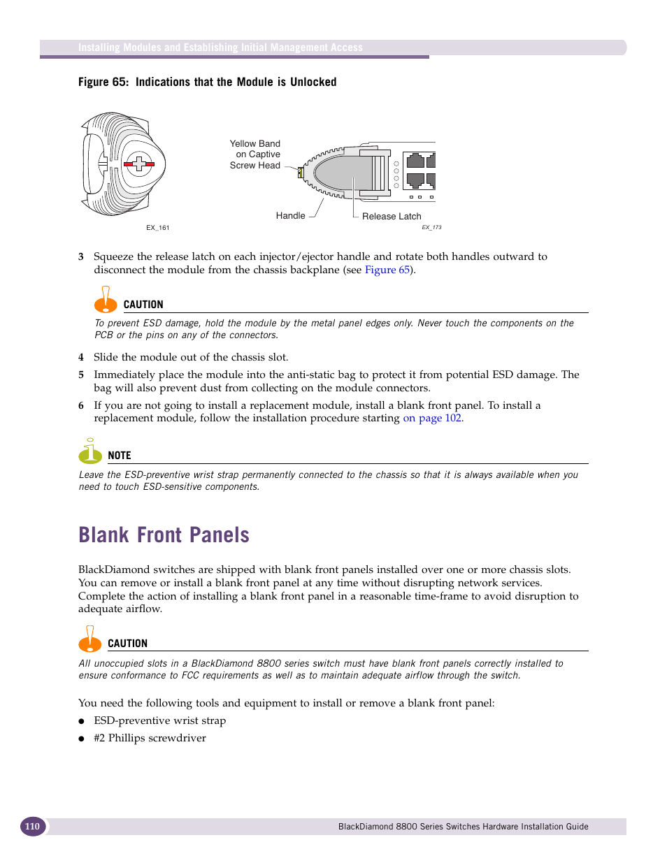 Blank front panels, Horizontal position, Figure 65 | Extreme Networks BlackDiamond 8800 Series User Manual | Page 110 / 180