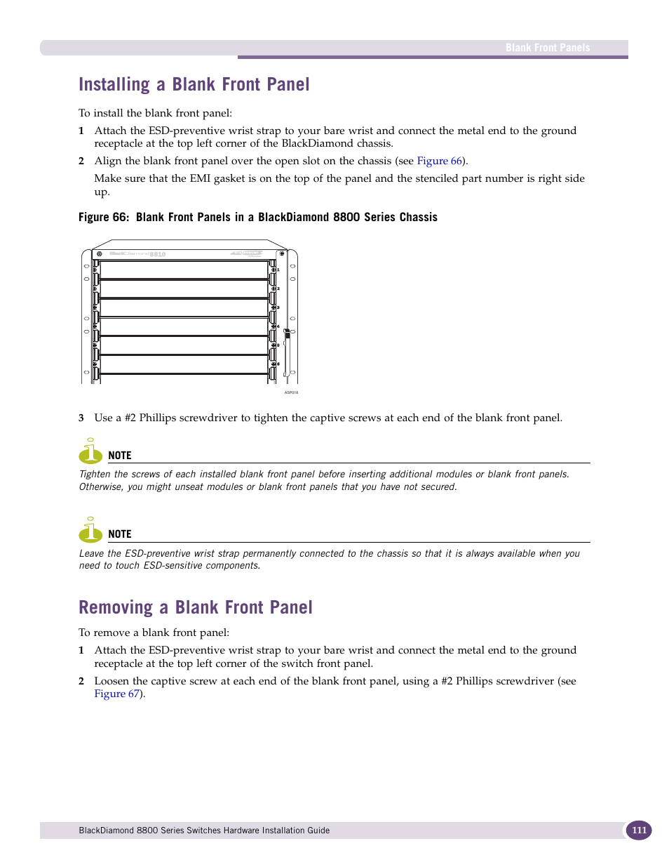 Installing a blank front panel, Removing a blank front panel | Extreme Networks BlackDiamond 8800 Series User Manual | Page 111 / 180