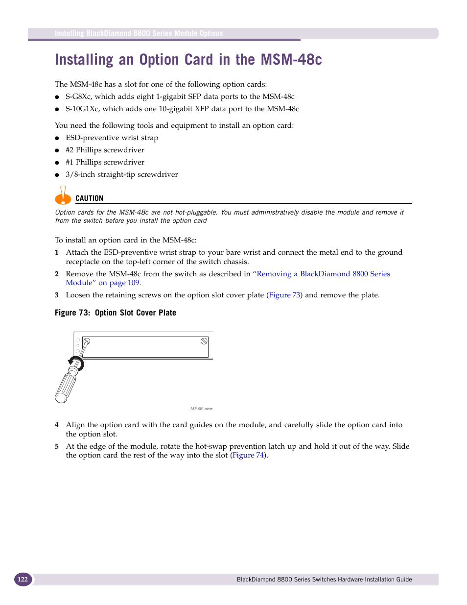 Installing an option card in the msm-48c | Extreme Networks BlackDiamond 8800 Series User Manual | Page 122 / 180