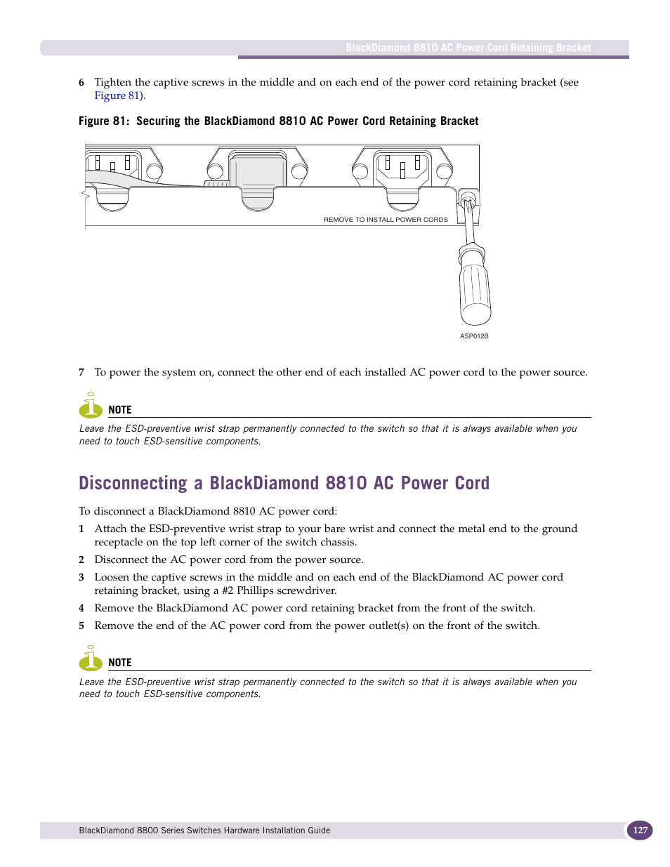 Disconnecting a blackdiamond 8810 ac power cord, Disconnecting a blackdiamond | Extreme Networks BlackDiamond 8800 Series User Manual | Page 127 / 180