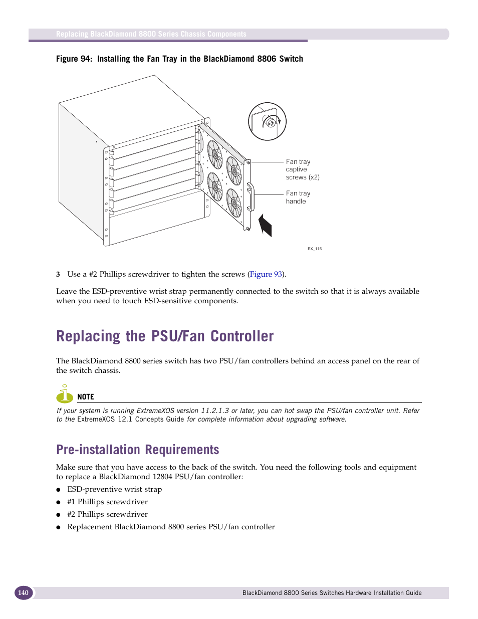 Replacing the psu/fan controller, Pre-installation requirements, Figure 94 | Extreme Networks BlackDiamond 8800 Series User Manual | Page 140 / 180