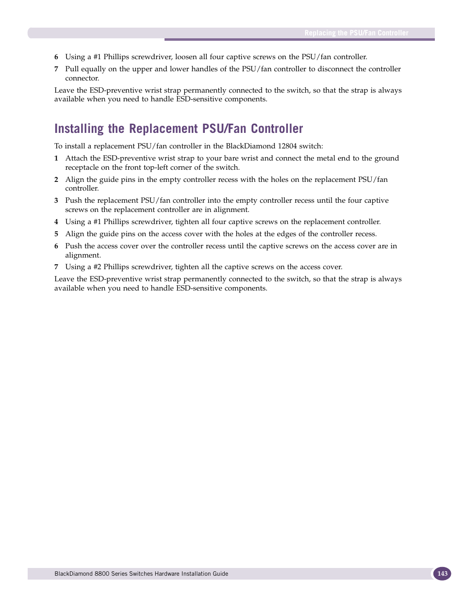 Installing the replacement psu/fan controller | Extreme Networks BlackDiamond 8800 Series User Manual | Page 143 / 180