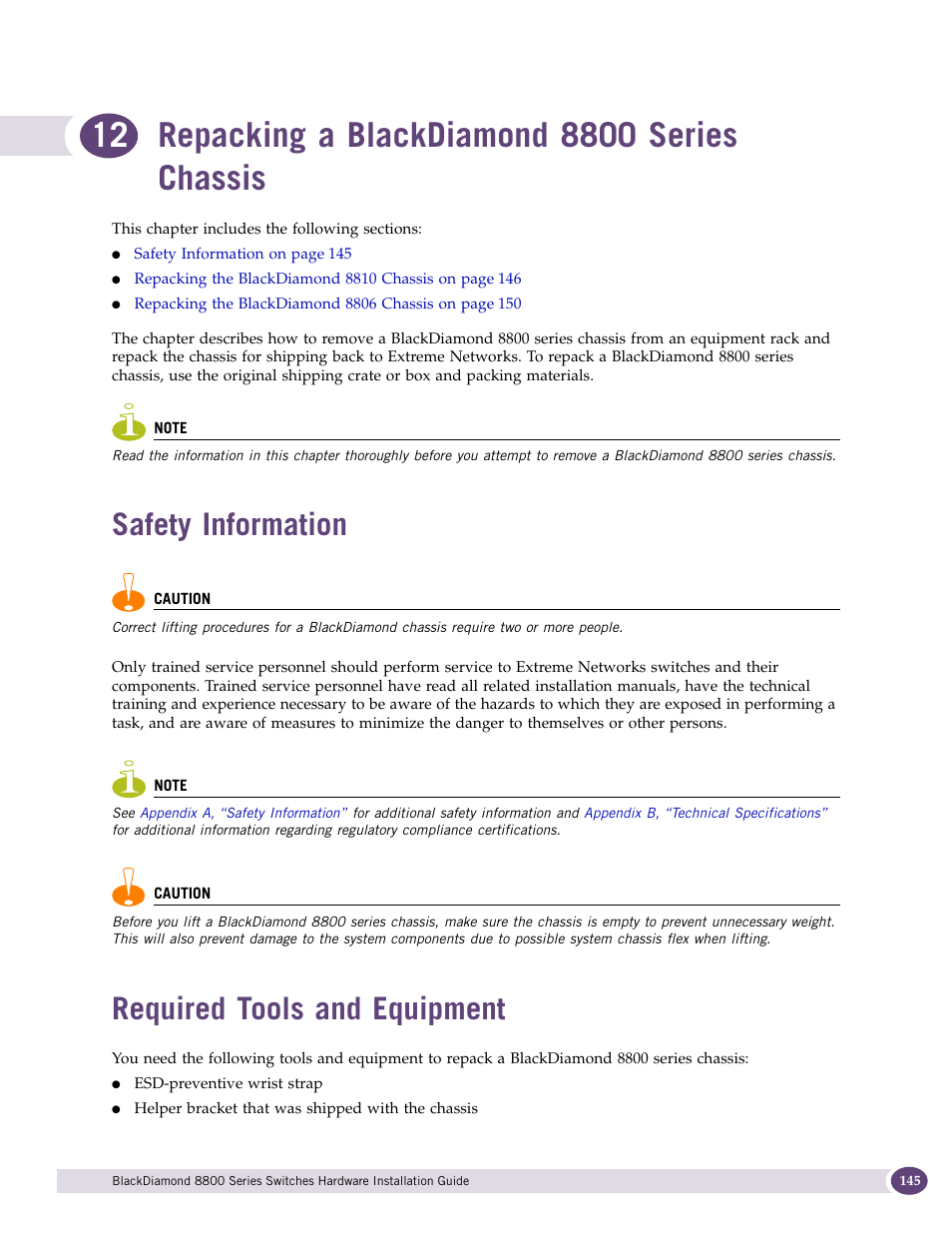 Repacking a blackdiamond 8800 series chassis, Safety information, Required tools and equipment | Extreme Networks BlackDiamond 8800 Series User Manual | Page 145 / 180