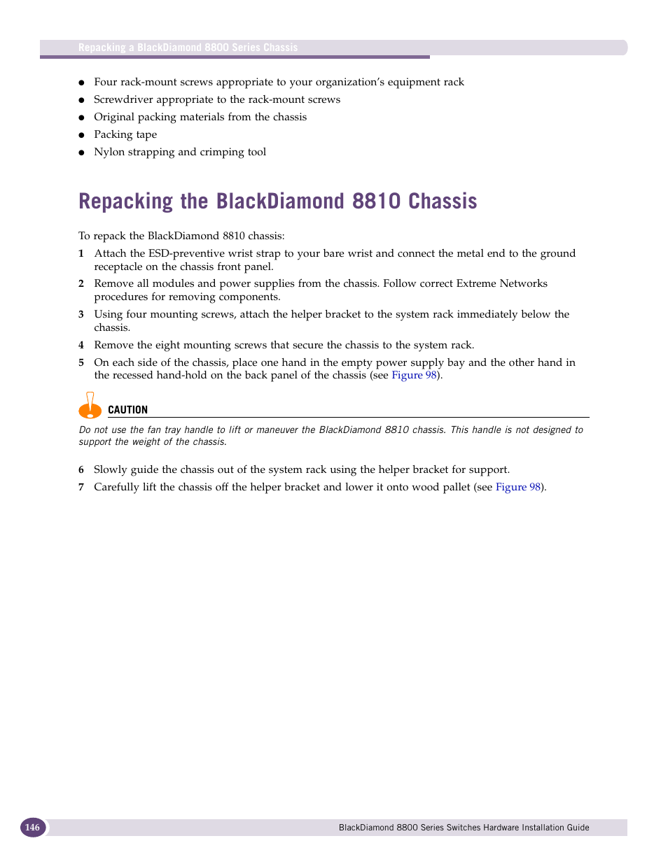Repacking the blackdiamond 8810 chassis | Extreme Networks BlackDiamond 8800 Series User Manual | Page 146 / 180