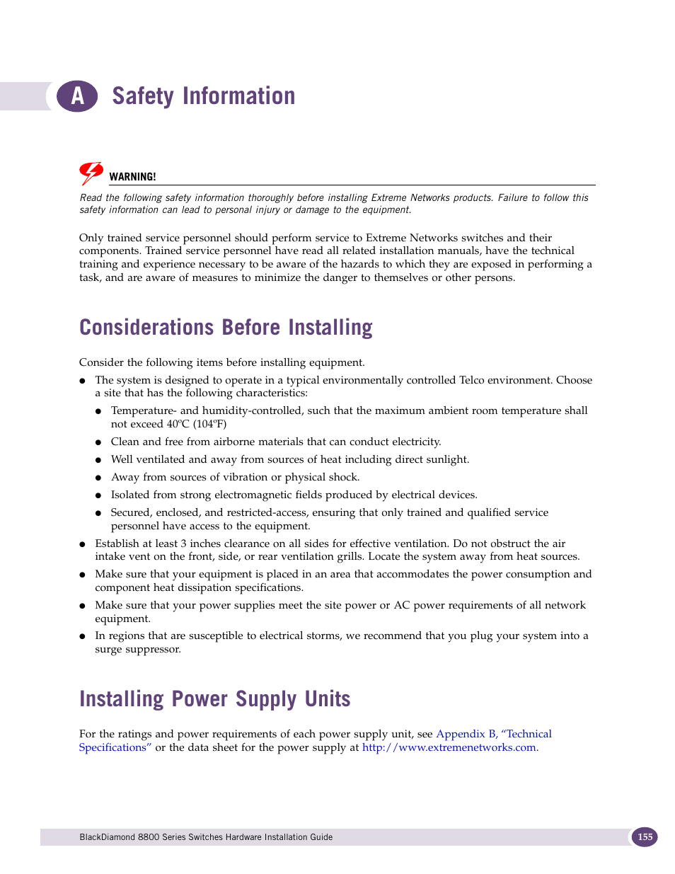 Safety information, Considerations before installing, Installing power supply units | Appendix a: safety information, Ovided in, Appendix a, Appendix, A, “safety information, Drill and ta, Appendix a, “safety information | Extreme Networks BlackDiamond 8800 Series User Manual | Page 155 / 180