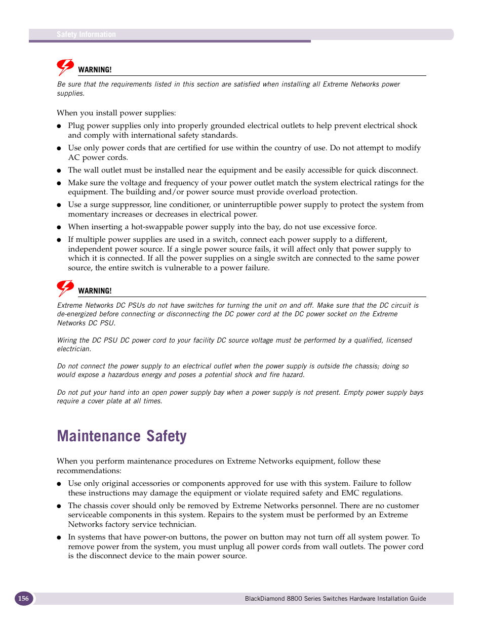 Maintenance safety | Extreme Networks BlackDiamond 8800 Series User Manual | Page 156 / 180