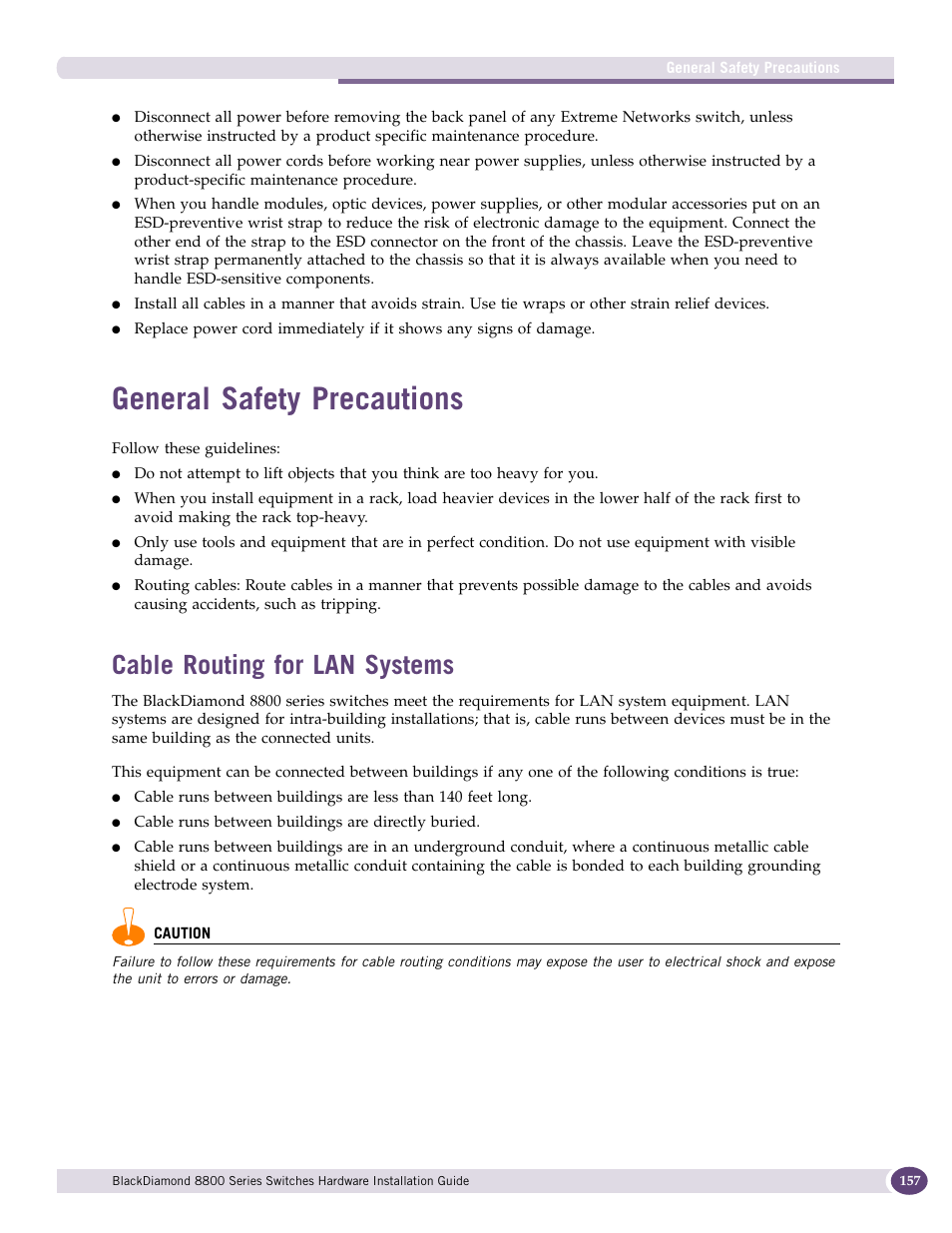 General safety precautions, Cable routing for lan systems | Extreme Networks BlackDiamond 8800 Series User Manual | Page 157 / 180