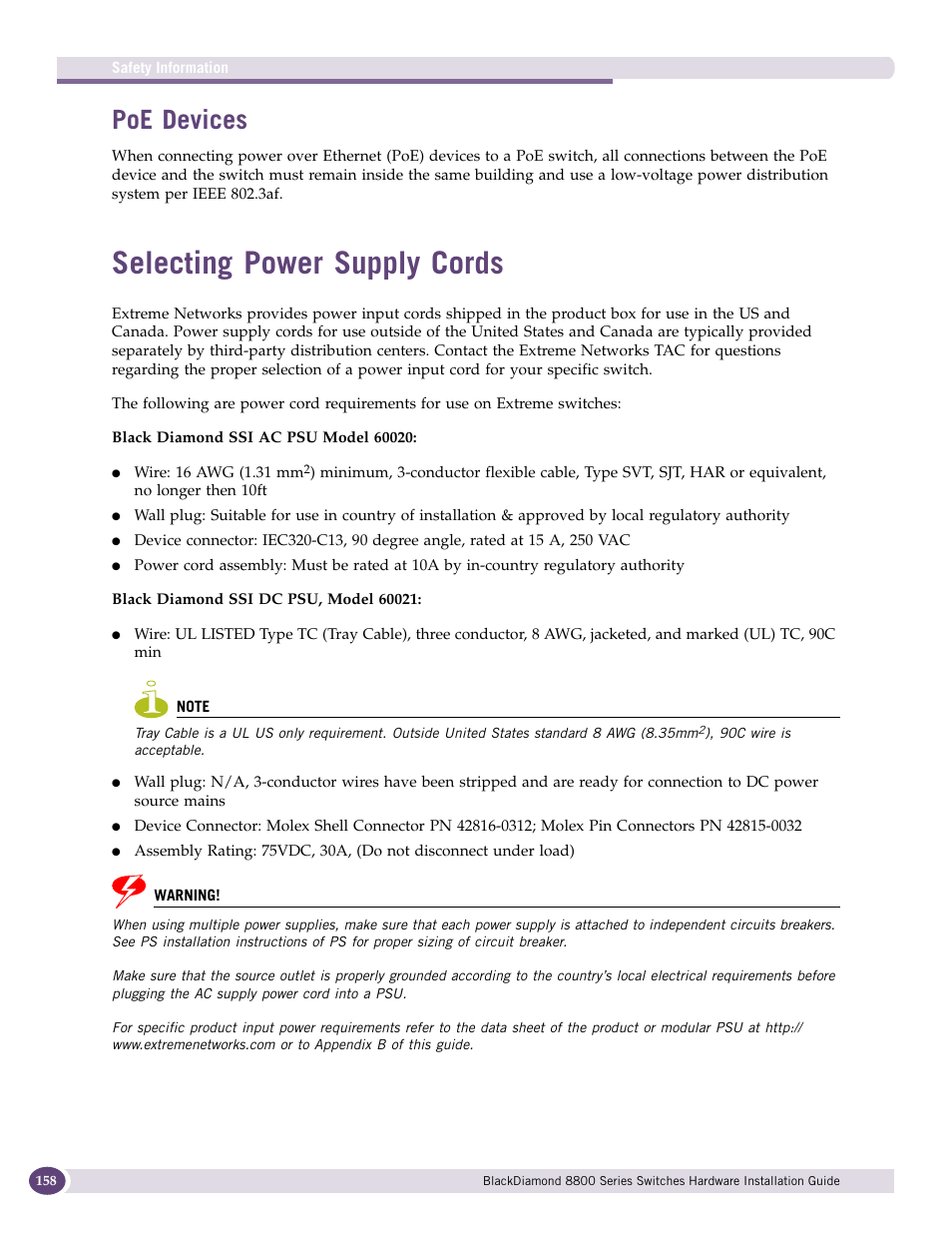 Poe devices, Selecting power supply cords | Extreme Networks BlackDiamond 8800 Series User Manual | Page 158 / 180